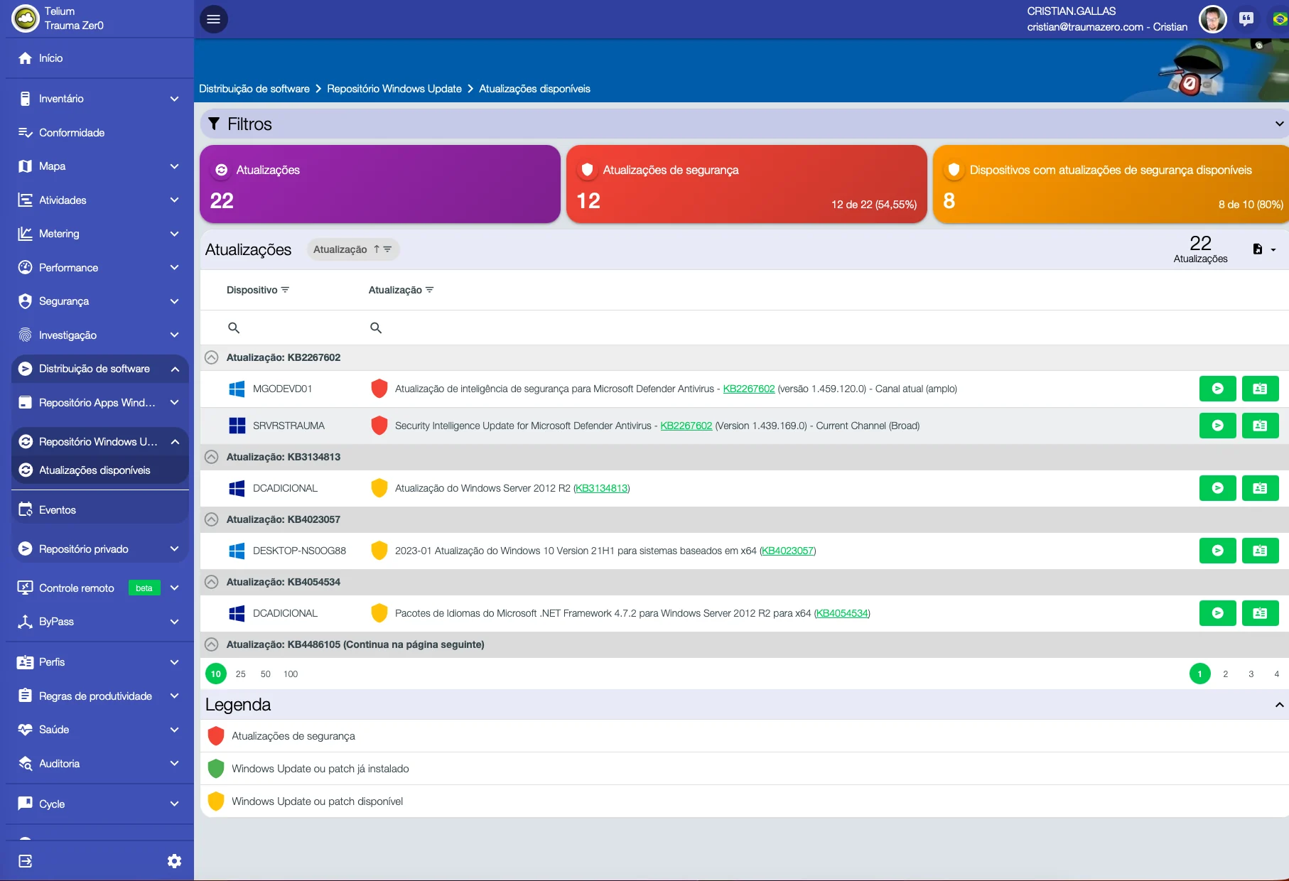 Pantalla de actualizaciones disponibles de Tz0 Deploy, con 22 actualizaciones pendientes, 12 de seguridad, agrupadas por KB y con el botón de aplicar en cada equipo
