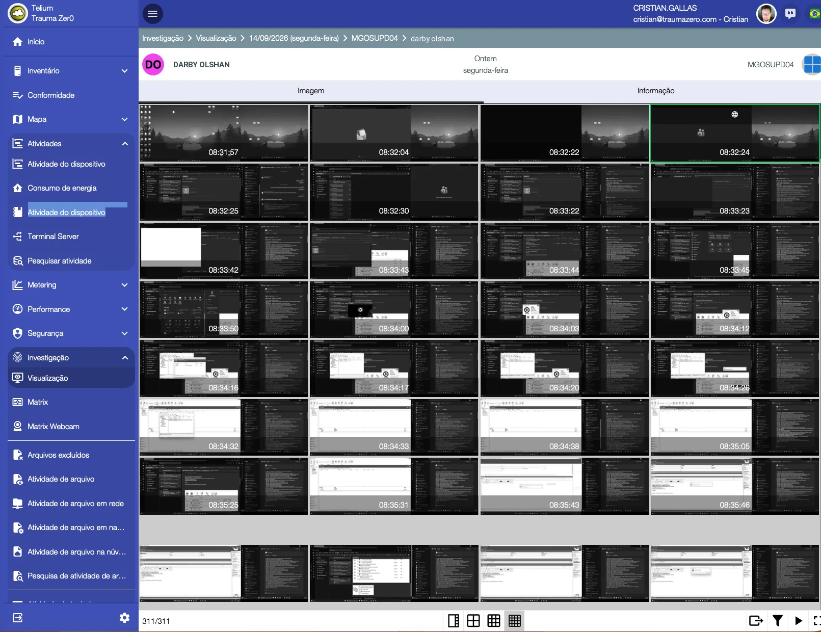Cuadrícula de miniaturas de una sesión reconstruida en Tz0 Forensics, cada cuadro con la hora de la captura