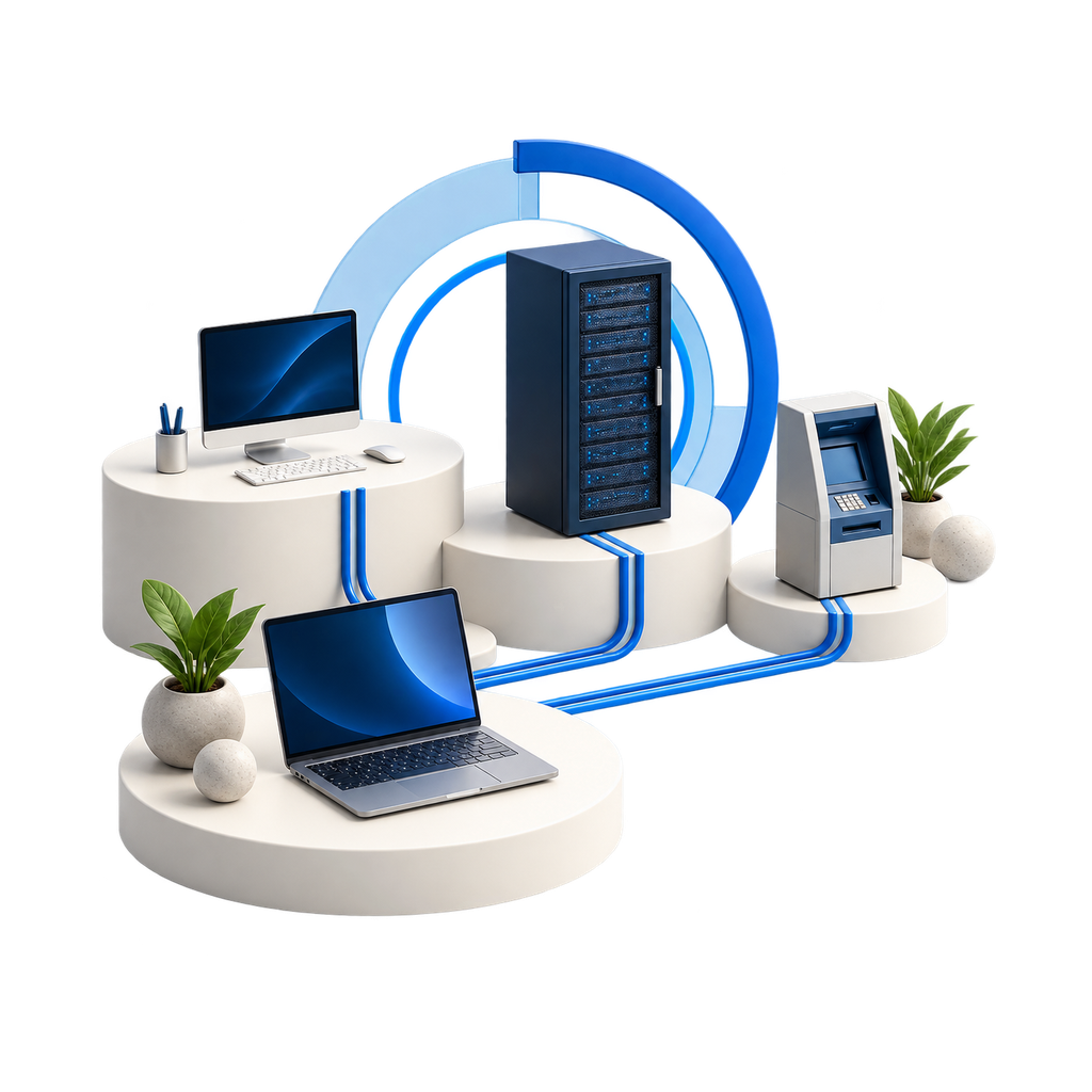 Equipos de escritorio, portátiles, servidores y terminales de autoservicio conectados al mismo punto