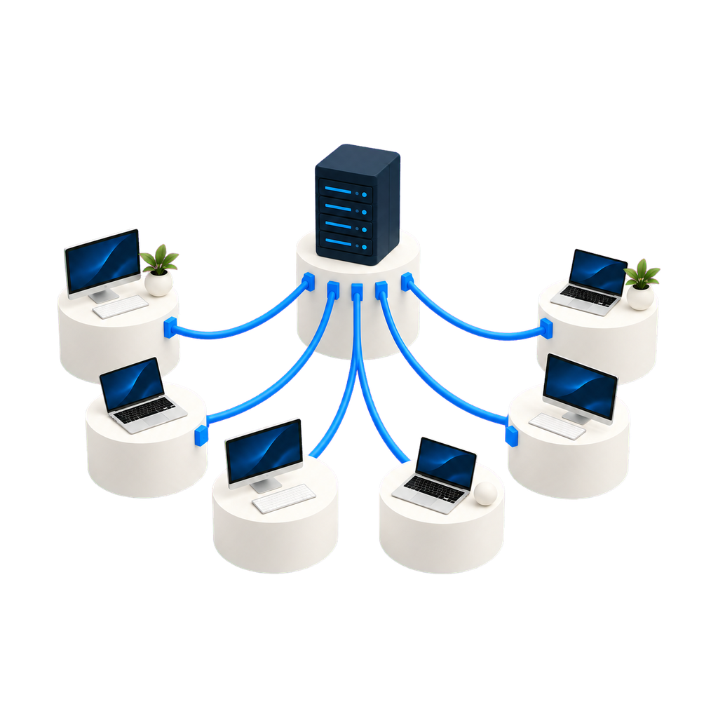 Servidor central con cables que convergen desde seis estaciones y portátiles