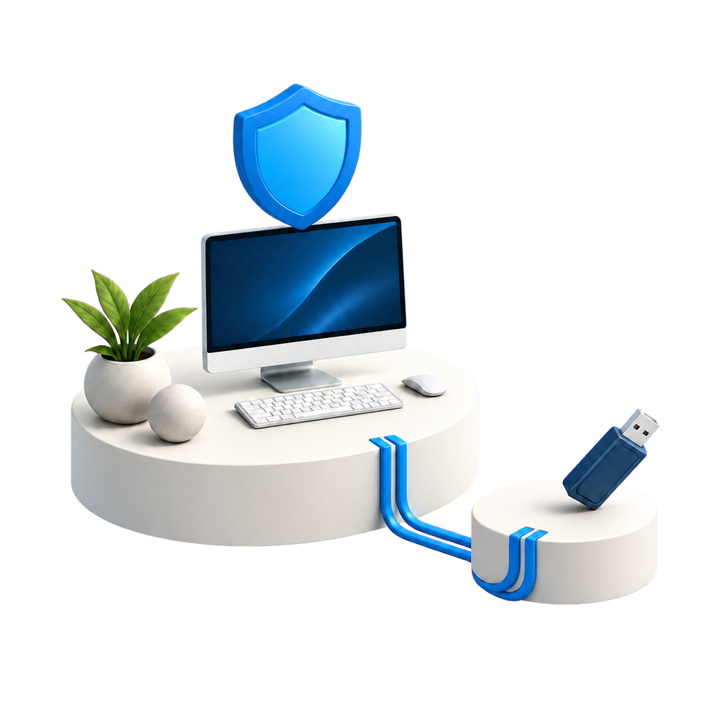 Estación de trabajo con un escudo azul encima y un pendrive aislado en un pedestal aparte