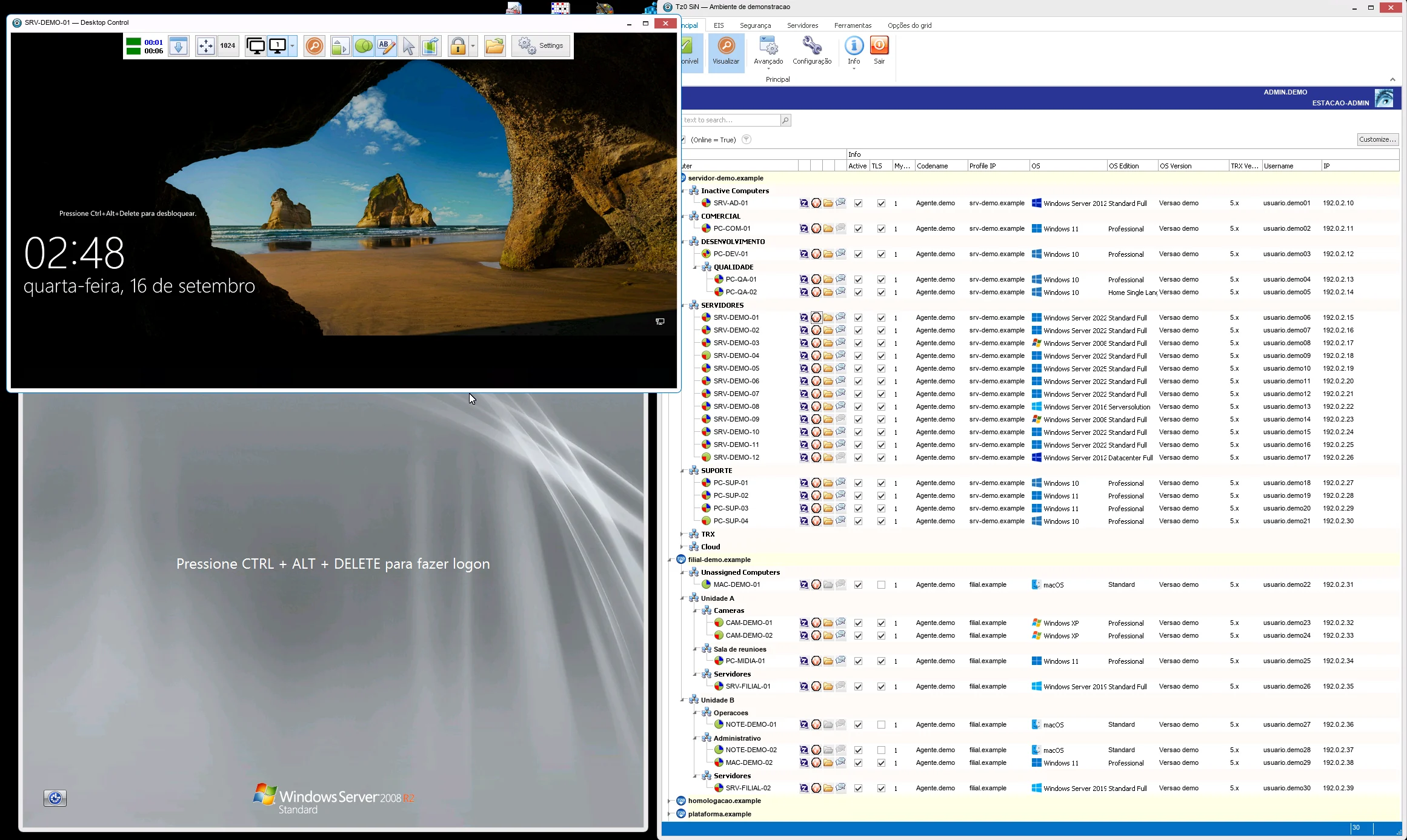 Sesión de control remoto de Tz0 en curso, con la barra de Desktop Control sobre la pantalla de un equipo remoto