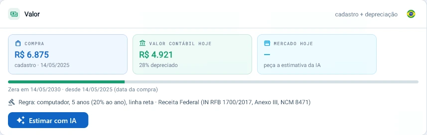 Captura da consola Tz0: O valor contabilístico de cada máquina, sem folha de cálculo