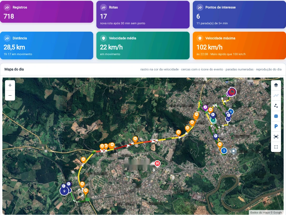 Captura do console Tz0: O trajeto do dia na cor da velocidade: 28,5 km, 17 rotas e o trecho acima de 100 km/h marcado no mapa, com as cercas que dispararam