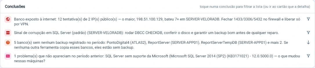 Captura da consola Tz0: A conclusão já vem escrita: base de dados exposta à internet, sinal de corrupção, 5 bases de dados sem backup e um SQL Server 2014 fora do suporte da Microsoft