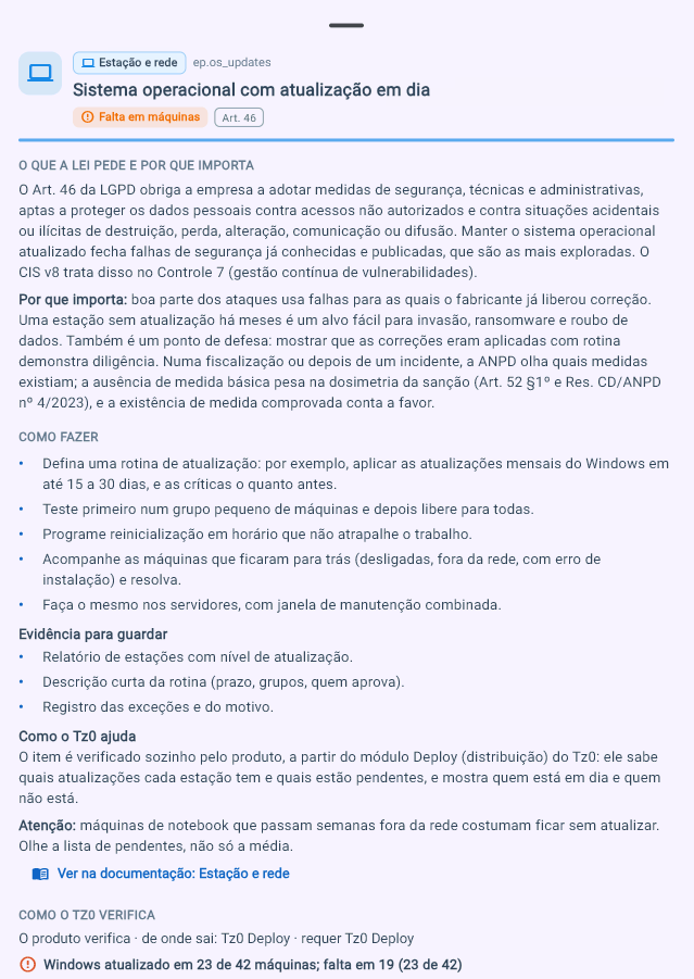 Ficha de um item do plano de adequação: o que o regulamento pede e porque importa, como fazer, evidência a guardar, como o Tz0 ajuda e como o produto verifica